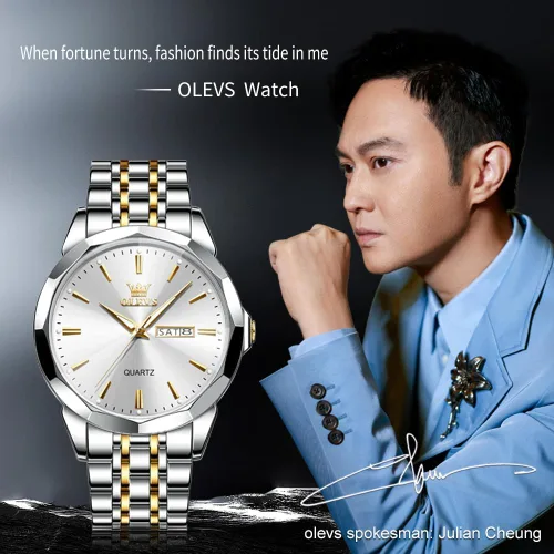 Vista 9 de OLEVS Watch for Men Diamond Business Dress Analog Quartz Stainless Steel Waterproof Luminous Date Two Tone Luxury Casual Wrist Watch Blue
