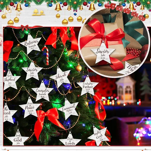Vista 7 de Landhoow 24 piezas de adornos navideños con nombres de Jesucristo, adornos colgantes de madera con los nombres del salvador, adorno para árbol