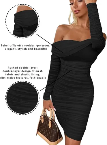 Vista 8 de GOKATOSAU Minivestido sexy y elegante para mujer, con volantes, manga larga, hombros descubiertos, fruncido, para fiesta