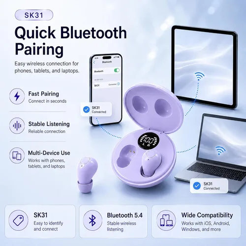 Vista 6 de Auriculares Bluetooth invisibles para orejas pequeñas, auriculares inalámbricos discretos, morado, funda de carga con pantalla LED inteligente