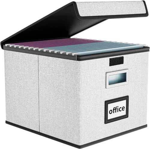 Vista 33 de Caja organizadora de archivos Huolewa con tapa, caja organizadora de carpetas de archivos colgantes de cuero sintético plegable con deslizadores