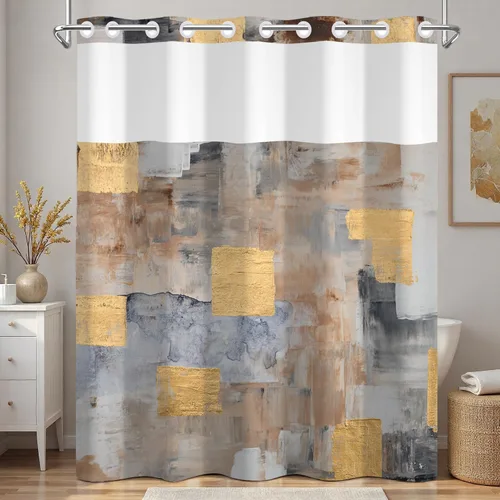 Vista 24 de No Hook Geometric Shower Curtain with Snap in Liner - 71″W x 74″L Waterproof Fabric with Mesh Top Window, Modern Abstract Triangle Design Bath