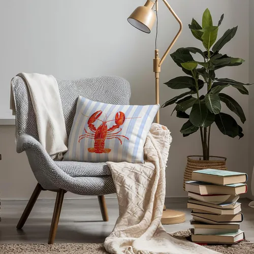 Vista 4 de Fundas de almohada costeras de langosta, fundas de almohada náuticas de langosta roja de Nueva Inglaterra con rayas azules y blancas para casa