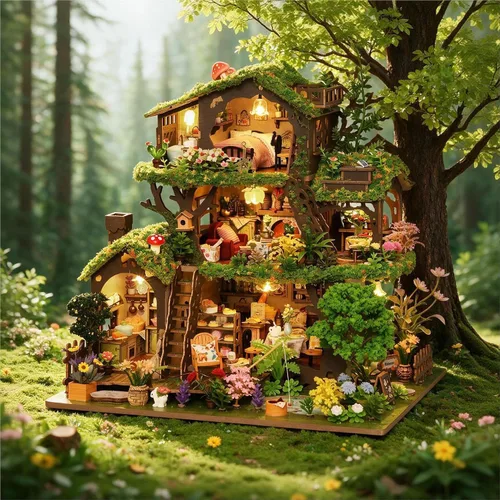 Vista 9 de CRIOLPO Kit de casa de muñecas en miniatura con luces LED para adultos y Aventuras en el bosque