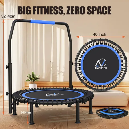Vista 9 de ANCHEER Trampolín Rebounder de 40 pulgadas con mango ajustable de 4 niveles, mini trampolín máximo de 400 libras, trampolín de fitness resistente