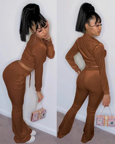 Vista 3 de Conjunto deportivo de terciopelo de 2 piezas para mujer, conjunto deportivo de manga larga con cremallera, pantalones acampanados, lindo traje