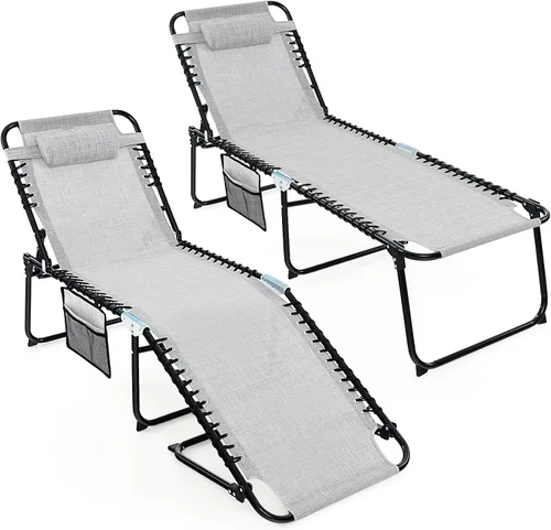 Vista 10 de Goplus Tumbona para exteriores, silla plegable de 5 posiciones para playa, con almohada desmontable, bolsillo lateral, tumbona para tomar el sol