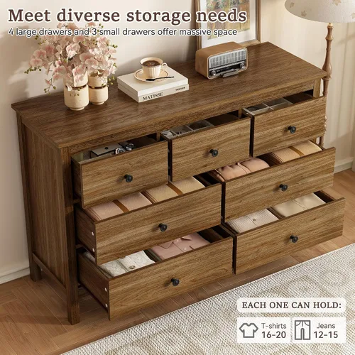 Vista 3 de Cómoda de roble para dormitorio, cómoda moderna de 7 cajones de 47 pulgadas con asas negras Cómoda de almacenamiento de madera de estilo natural