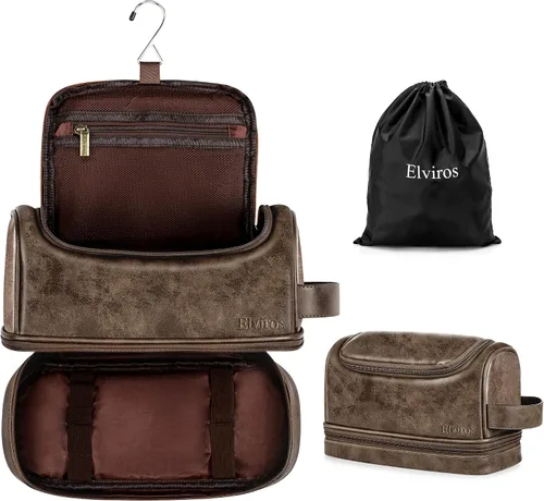 Vista 9 de Elviros - Neceser de aseo personal para hombre, organizador de viaje de cuero PU, con gancho para colgar, bolsas de afeitado para el baño de gran