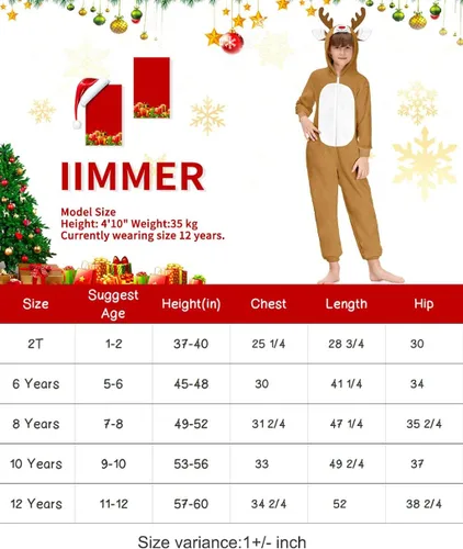 Vista 4 de IIMMER Mono unisex de Navidad con nariz roja y reno marrón lindo disfraz de animal de Navidad con cremallera mono de felpa con cremallera 5-12 años