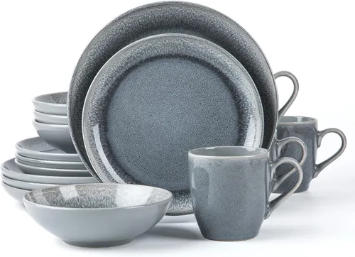 Vista 29 de ARORA SKUGGA Juego de vajilla redonda de cerámica de 16 piezas de 4, platos, platos pequeños, cuencos y tazas - Negro mate (472979)