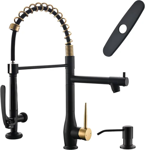 Vista 10 de GIMILI Grifo de cocina negro y dorado con rociador desplegable Grifo de fregadero de cocina de alta presión de una sola manija Grifos de cocina