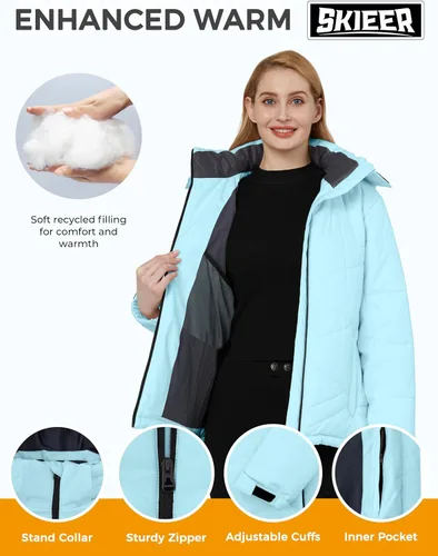 Vista 3 de Skieer Chaqueta de esquí impermeable para mujer, abrigo de invierno cálido para nieve, resistente al viento, con capucha