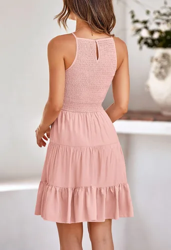 Vista 6 de KIRUNDO 2023 - Vestido casual de verano sin mangas para mujer, con volantes fruncidos, escalonados, acampanado, vestido de playa