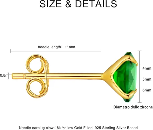 Vista 2 de Aretes de esmeralda chapados en oro amarillo o platino, plata de ley y circonita cúbica verde, aretes de tuerca para mujeres y niñas, joyería