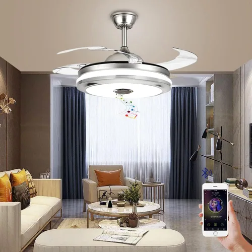 Vista 6 de Makewa Ventilador de techo retráctil de 36 pulgadas con altavoz Bluetooth, moderno ventilador de araña con control remoto de 3 velocidades