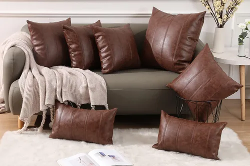 Vista 6 de Yaertun Juego de 2 fundas de almohada decorativas de piel sintética a rayas, modernas y sólidas, fundas de cojín para exteriores, fundas de almohada