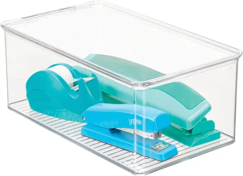 Vista 8 de mDesign Caja organizadora de almacenamiento apilable de plástico para oficina en casa con tapa de bisagra, contenedor para blocs de notas