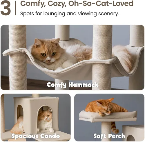 Vista 5 de MWPO Árbol grande y moderno para gatos, torre de madera de 70.1 pulgadas para gatos de interior, condominio alto para gatos de varios niveles con 2