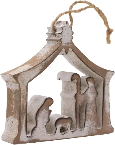 Vista 2 de Silueta de pesebre de madera encalada, adorno de árbol o escena de mesa, recuerdo religioso de Navidad de la Sagrada Familia, decoración rústica