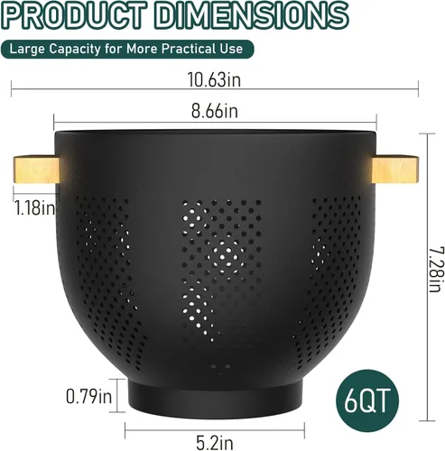 Vista 2 de Colador de metal con mango de madera de bambú, colador grande de 6 cuartos de galón con base autodrenante, cuenco colador de cocina para pasta