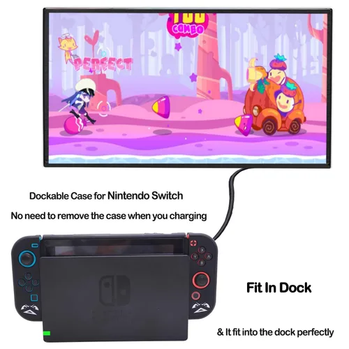 Vista 3 de YOOWA Accessories Bundle for Nintendo Switch - Black Cute Kawaii NS Accessory Kit with Cartoon Carrying Case, dockable case, Screen Protector Set
