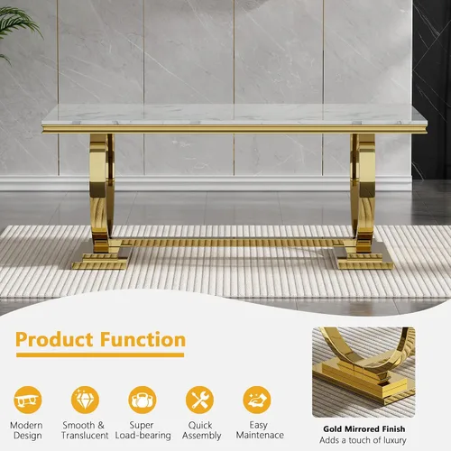 Vista 4 de Juego de mesa de comedor de mármol para 4, mesa de cocina rectangular de mármol blanco de 70 pulgadas con base en O de acero inoxidable dorado