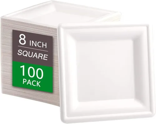 Vista 8 de SUT Platos de papel compostables de 6 pulgadas, 100 platos cuadrados biodegradables de bagazo, platos resistentes para microondas, platos