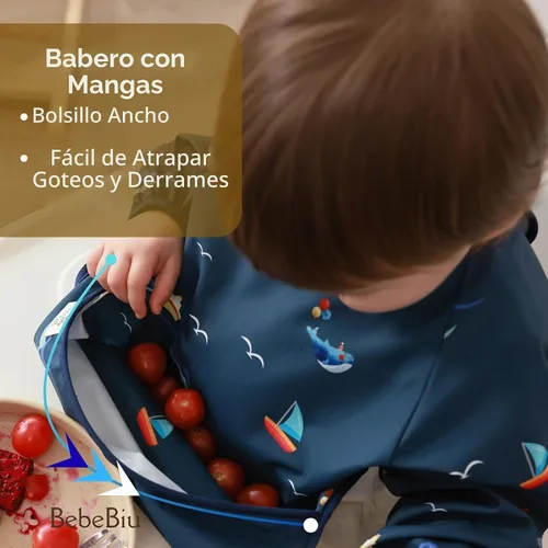 Vista 2 de Babero de manga larga para bebé, tela impermeable, bolsillo recolector, babero delantal para bebé, mangas ajustables