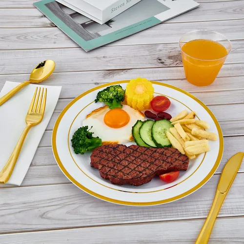 Vista 7 de Vplus 100 piezas de platos de plástico dorados de 10 pulgadas desechables, platos de plástico resistentes blancos elegantes y duraderos con borde