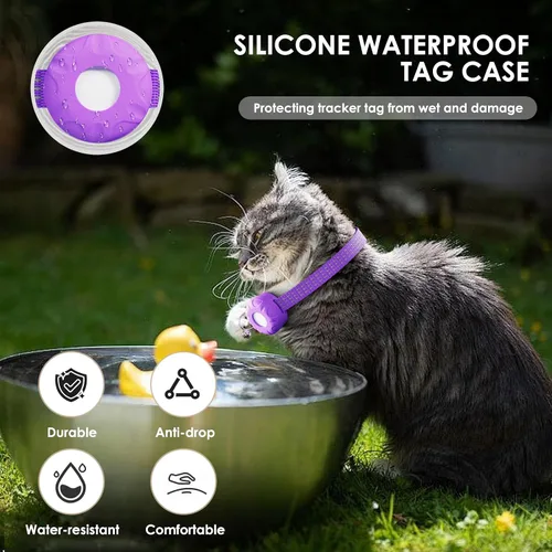 Vista 6 de Rastreador GPS para gatos con hebilla elástica de seguridad, compatible con Apple Find My App (solo iOS), sin tarifa mensual, morado 2-rastreador