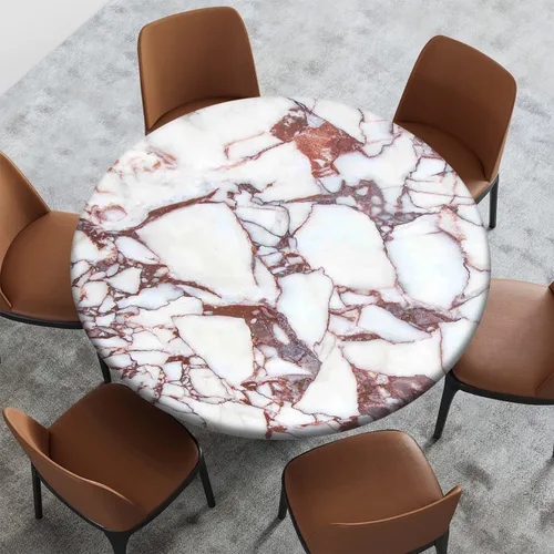 Vista 2 de Mantel redondo ajustable con patrón de mármol, borde elástico, adecuado para catering y cocina, se puede limpiar para mesas redondas de comedor