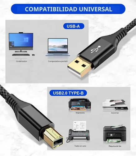 Vista 2 de sweguard - Cable de impresora USB de 6.6 pies, cable de escáner USB 2.0 tipo A macho a B macho de alta velocidad compatible con HP, Canon, Dell