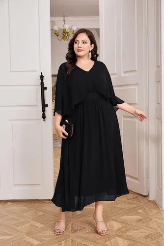 Vista 8 de Hanna Nikole Vestido de fiesta de noche de gasa con cuello en V para mujer, talla grande, manga capa, maxi vestidos para invitados de boda