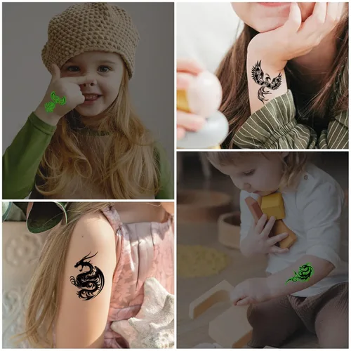 Vista 7 de 16 hojas de tatuajes temporales luminosos de dragón fénix que brillan en la oscuridad dragón decoración de fiesta de cumpleaños, suministros