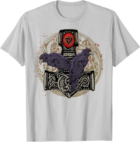 Vista 55 de Thors Hammer Mjolnir Huginn and Muninn Odin Raven - Camiseta, Negro, S