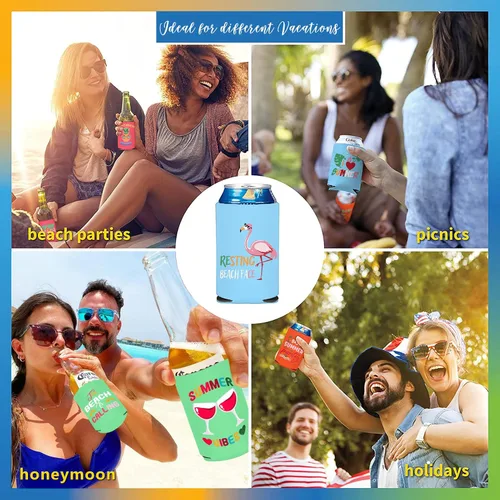 Vista 6 de Enfriador de latas con temática de playa, paquete de 12 fundas divertidas para latas de verano para decoración de fiesta en la playa, neopreno