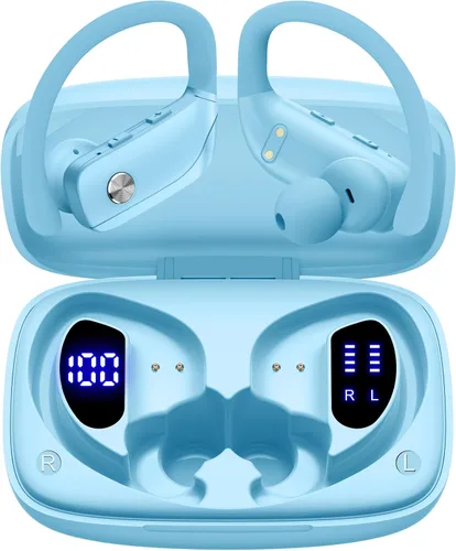 Vista 13 de bmani Auriculares inalámbricos con Bluetooth con pantalla LED de 80 horas de reproducción, gancho sobre la oreja con micrófono, sonido estéreo Negro