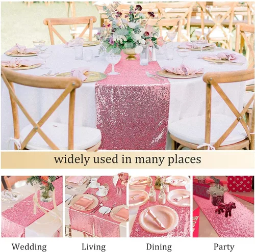 Vista 7 de yuboo Camino de mesa de lentejuelas rosas, paquete de 6 manteles con purpurina de 12 x 72 pulgadas para mujeres y niñas, cumpleaños, boda, despedida