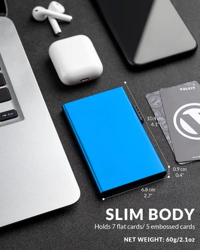 Vista 3 de VULKIT Tarjetero minimalista Pop Up Tarjetas RFID Protección Slim Metal Wallet, Azul, Minimalista