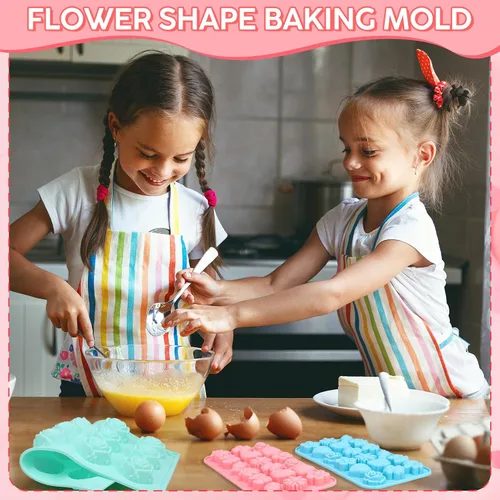 Vista 4 de Moldes de silicona para dulces de flores, paquete de 6 moldes de margarita, chocolate, rosa, tulipán, flores, moño, hoja, gelatina, pudín, galleta