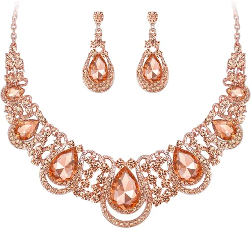 Vista 12 de Women's Costume Statement Necklace Dangle Earrings Set 05-Multicolor Tono Dorado