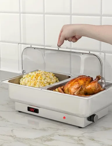 Vista 5 de Garvee Juego de bufé de platos de roce eléctrico, calentador de alimentos de 9 cuartos de galón con tapa de policarbonato transparente, con 1 sartén