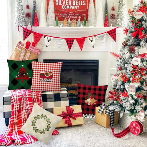 Vista 6 de YIYEA Juego de 4 fundas de almohada de terciopelo de Navidad de 16 x 16 pulgadas, fundas de almohada de terciopelo para decoraciones navideñas