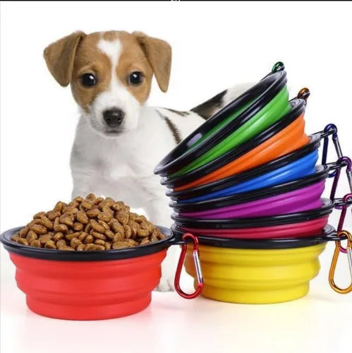Vista 4 de Juego de cuencos plegables para mascotas, cuencos portátiles de silicona para alimentos y agua con clip de mosquetón, multicolor, diseño que ahorra