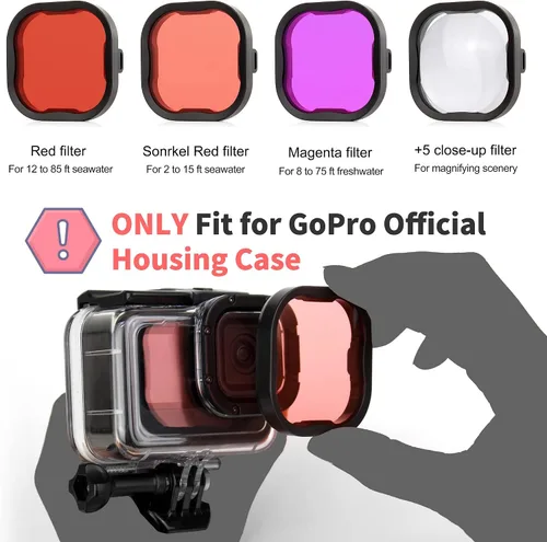 Vista 2 de Paquete de 4 filtros de buceo para carcasa protectora GoPro Hero13, apto para Hero 13, 12, 11, 10, 9, 8, carcasa oficial negra, filtros subacuáticos