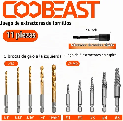 Vista 2 de Juego de extractor de tornillo de 11 piezas,Broca de mano izquierda,Kit extractor de tornillo de perno