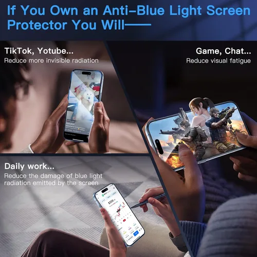 Vista 3 de Uyiton Protector de pantalla anti-luz azul para iPhone 15, protector de pantalla de vidrio irrompible de cobertura completa, resistente a