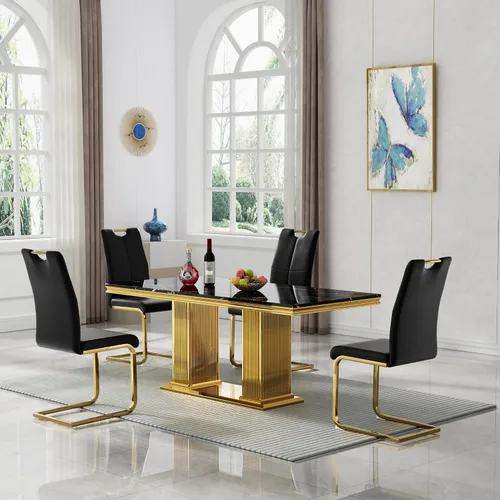 Vista 47 de 5 Piece Black Marble Dining Table Set for 4, Modern Faux Marble Kitchen Dining Room Tables with 4 Leather Chairs Set, 68.11" Luxury Rectangular