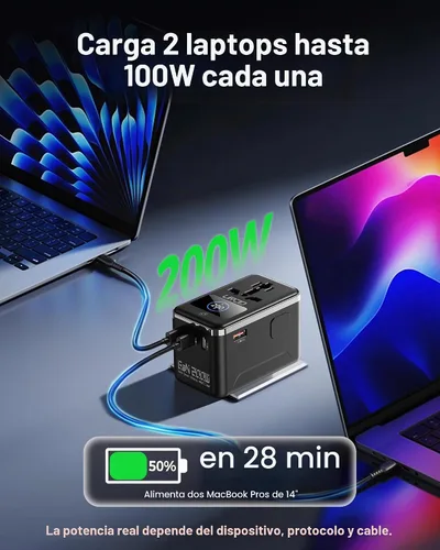 Vista 2 de Adaptador de viaje universal GaN de 200 W, USB-C dual de 100 W para 2 GaN200W con pantalla inteligente-negro+blanco